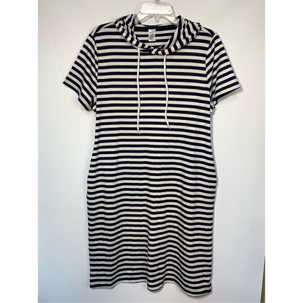 West Loop Women's Stripes Hooded Shift Mini Dress Blue & White Large NWOT